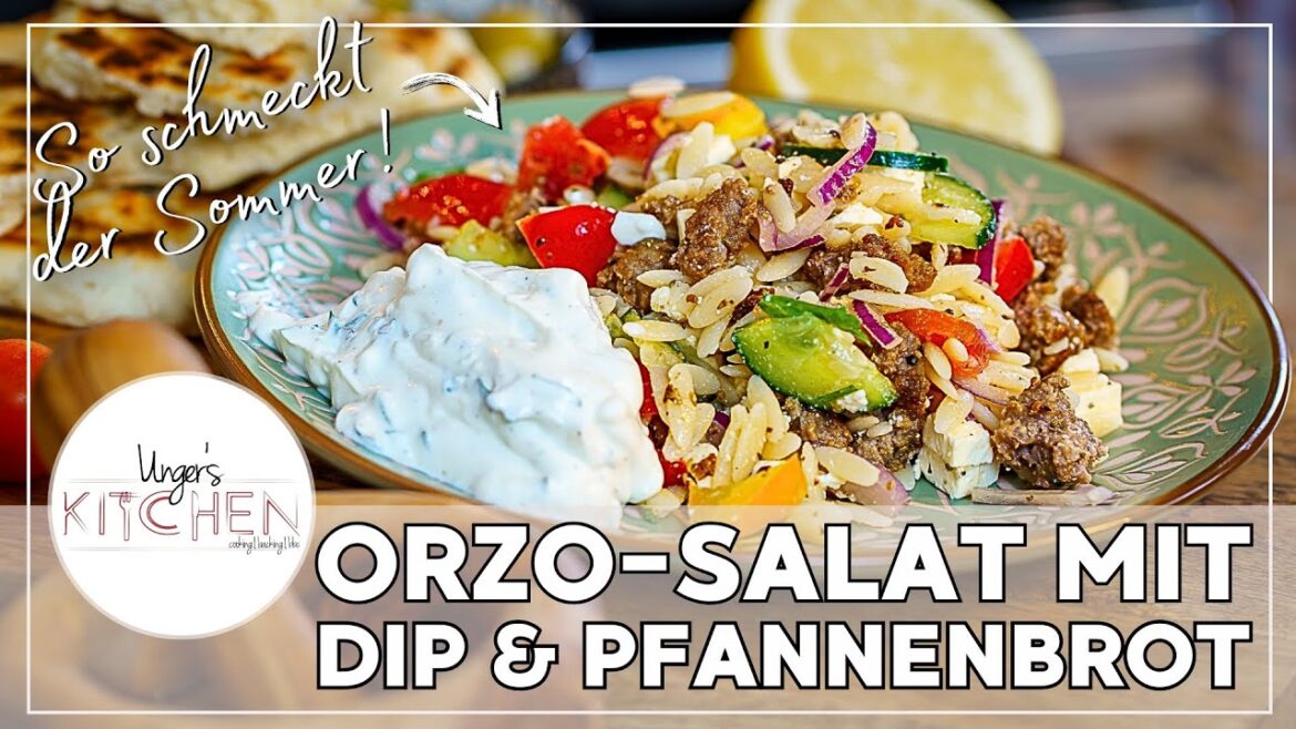 Der beste griechische Nudelsalat für den Sommer? Mit Knobi-Dip & Pfannenbrot!