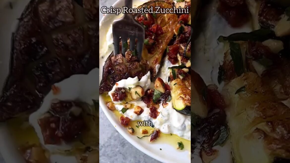 CRISP ROASTED ZUCCHINI WITH CREAMY FETA & SUN-DRIED TOMATO & ALMOND CRUMBLE. CRISP ROASTED ZUCCHINI WITH CREAMY FETA & SUN-DRIED TOMATO & ALMOND CRUMBLE.