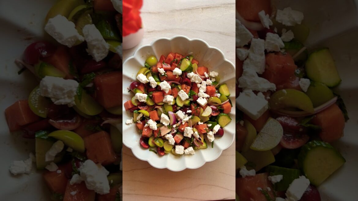 Watermelon, green sour plums, cherries, cucumber, fresh mint and Bulgarian cheese #summersalad Watermelon, green sour plums, cherries, cucumber, fresh mint and Bulgarian cheese #summersalad