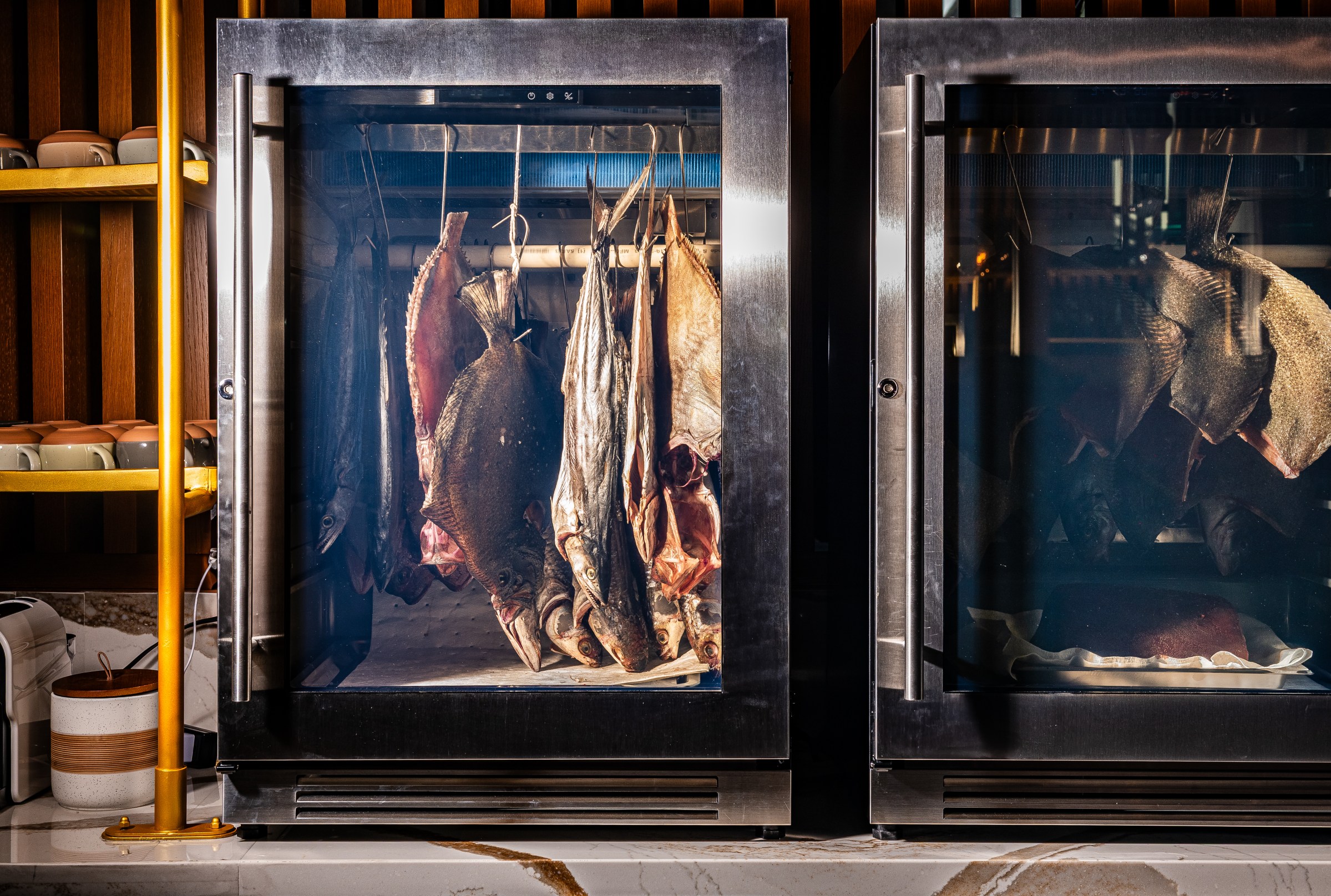 Two dry-aging cases filled with specialty fish.