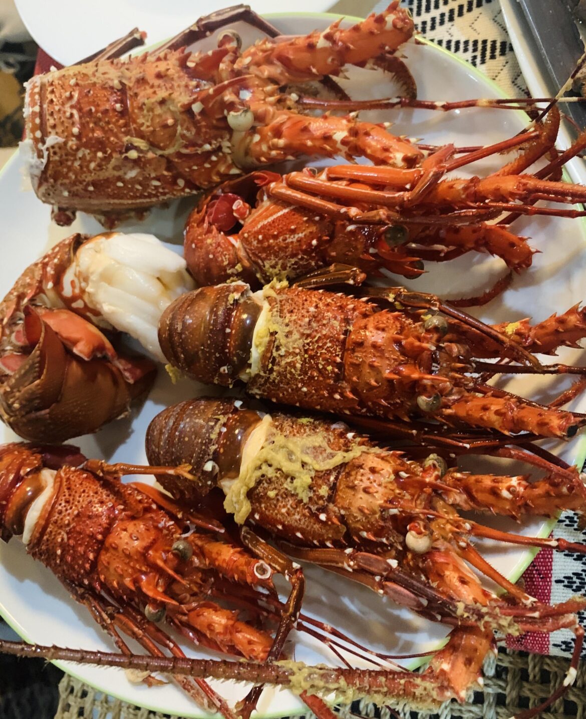 Steamed spiny lobsters.