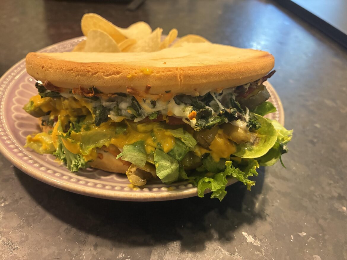 Baked salami sandwich using a Lean Cuisine pizza as the bread