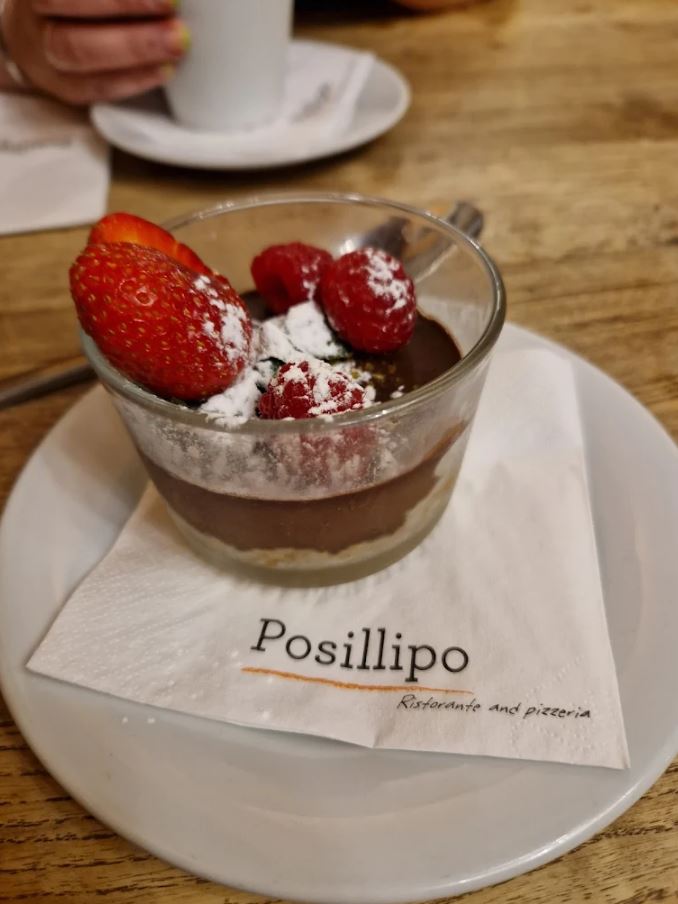 Chocolate dessert with strawberries and raspberries at Posillipo restaurant.