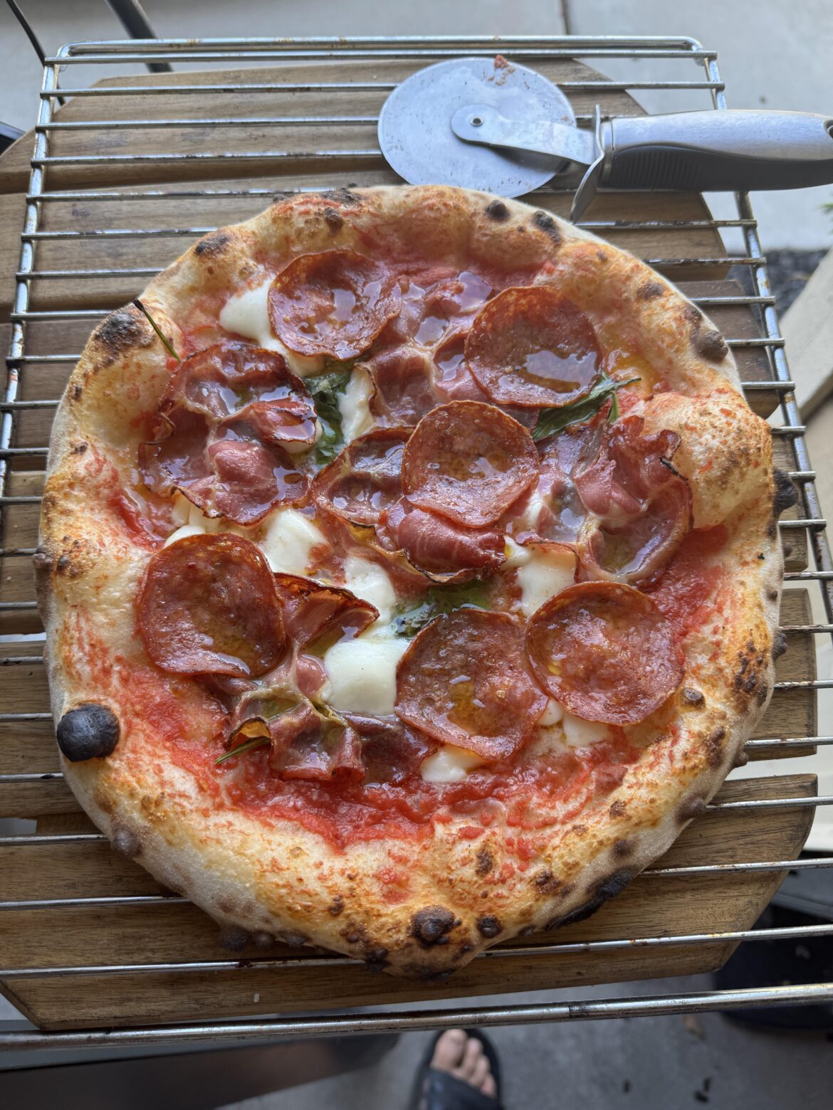 Soppressata and Gabagool 70% Poolish w/Garden grown San Marzano sauce.