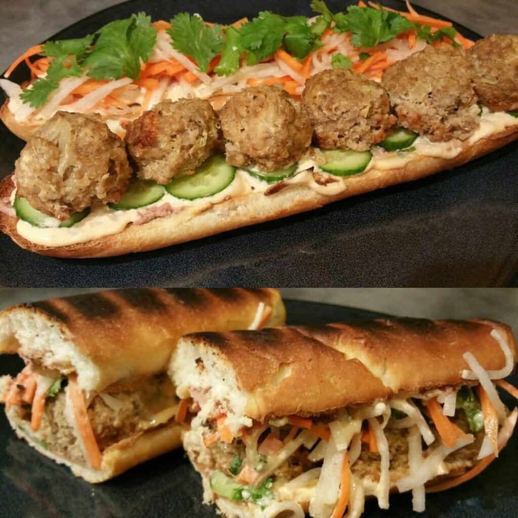 Meatball Bánh Mi: pickled daikon and carrots, cilantro, pork meatballs, cucumber, sriracha mayo and paté on a toasted bun.