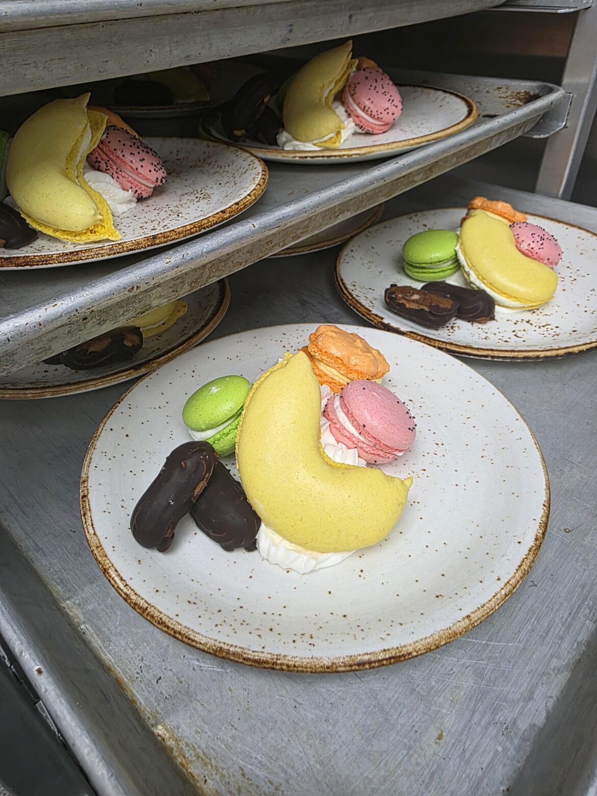 I made assorted macarons and mini chocolate éclairs.