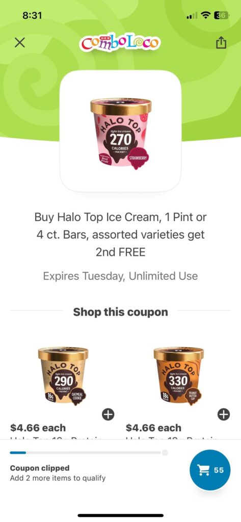For my fellow Texans, HEB has buy one get one free Halo Top ice cream pints and pops, Combo Loco coupon