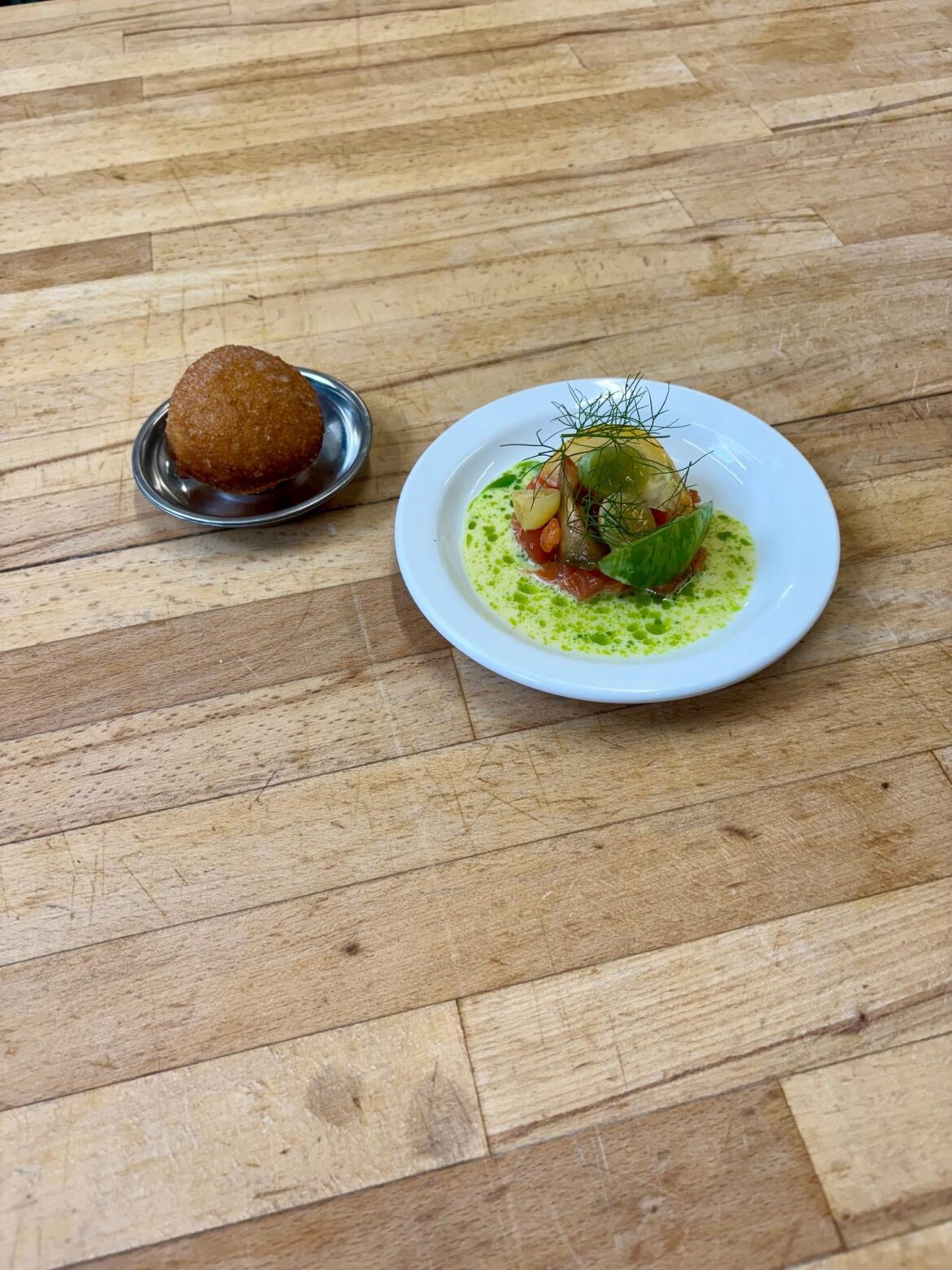 Trout, Whey, Tomato, Salt and Vinegar Doughnut