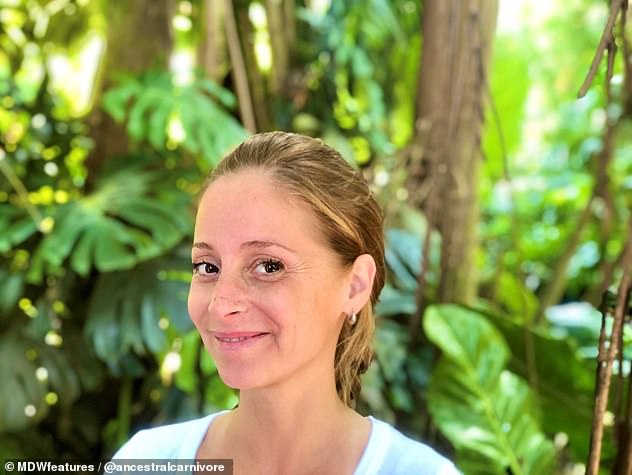 Natalie, pictured now, today eats a wide range of animal products from liver, brain, ribeye steak, beef tartare, raw lamb, pork crackling, pork ribs and broths made from boiling animal offcuts including the head