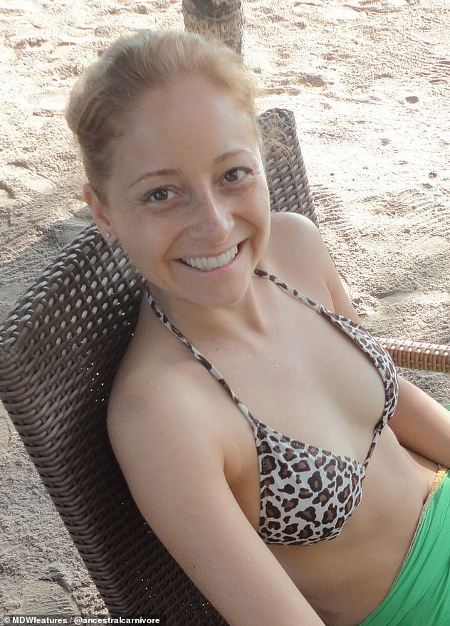 Natalie Daniels grew up following a modern Mediterranean diet with lots of pasta, bread, rice, potatoes, vegetables, lean meat and olive oil but swapped her diet for veganism in her twenties. Pictured: Natalie while she was vegan