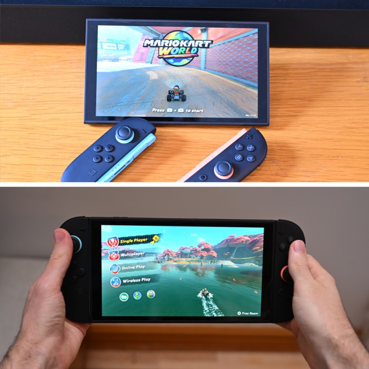 A close up of the writer holding the Switch 2 with both hands, with Mario Kart World on the screen.