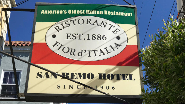 exterior view of fior d'italia in san francisco sign