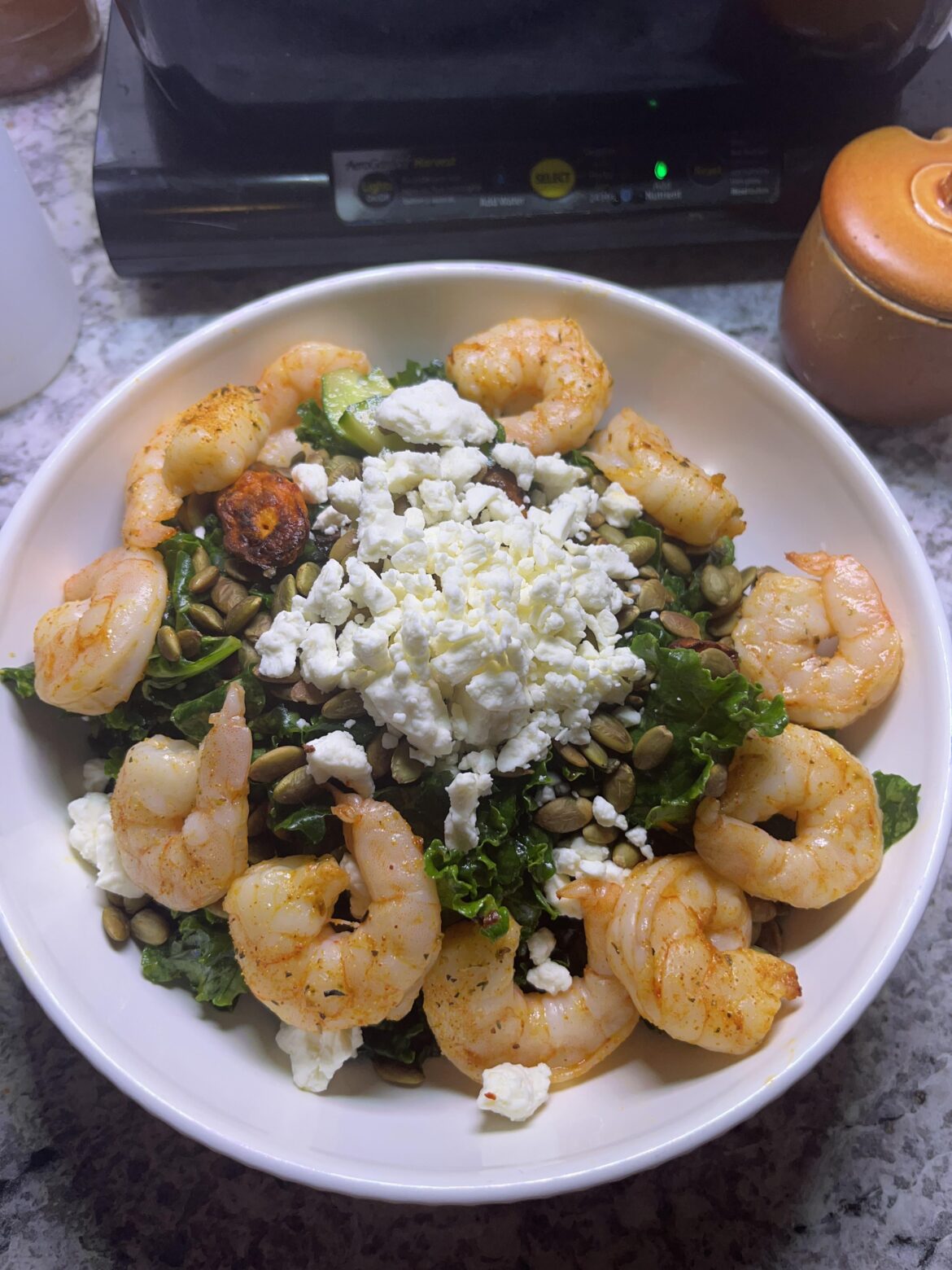 Obsessed with this roasted carrot and kale salad. I added some shrimps