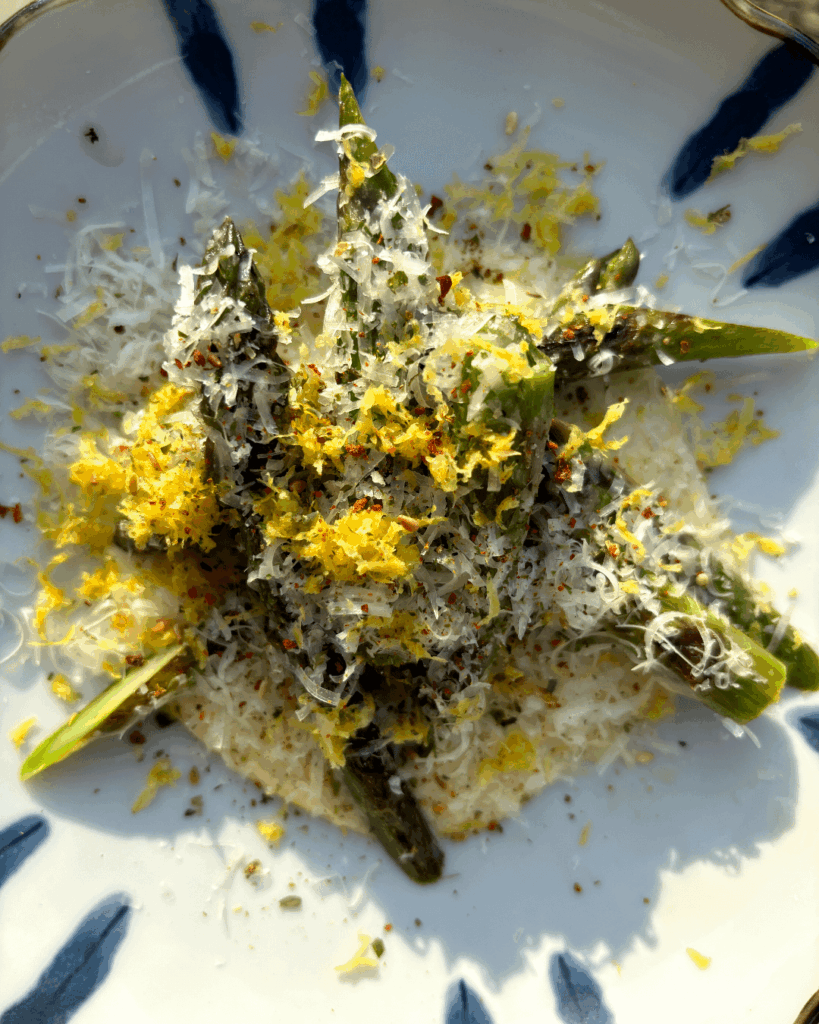 Charred asparagus, Yuzu Koshu Sabayon