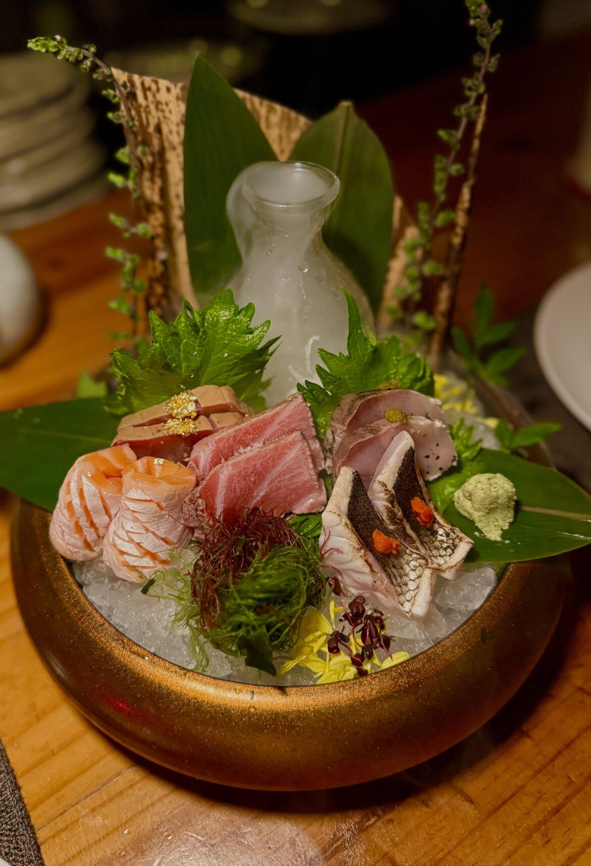 Selection of Spanish bluefin kamatoro, akami, hamachi with yuzukosho, binchotan torched seabass and salmon belly special sashimi