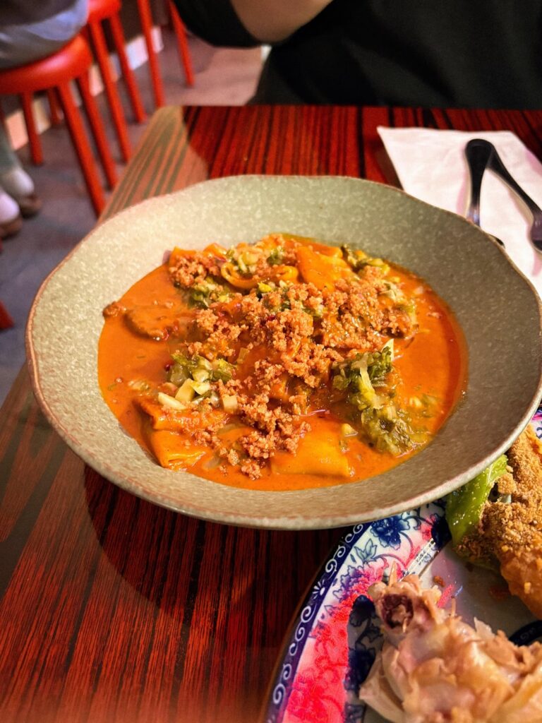 Khao Soi Pasta w/ Braised Beef Cheek and Dungeness Crab Fried Rice at Holy Basil