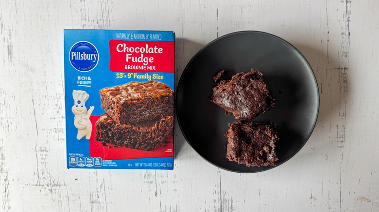 Pillsbury chocolate brownie mix on white surface