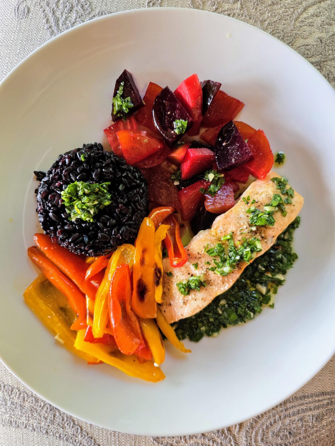 Roasted Veggie & Salmon Plate with Chimichurri