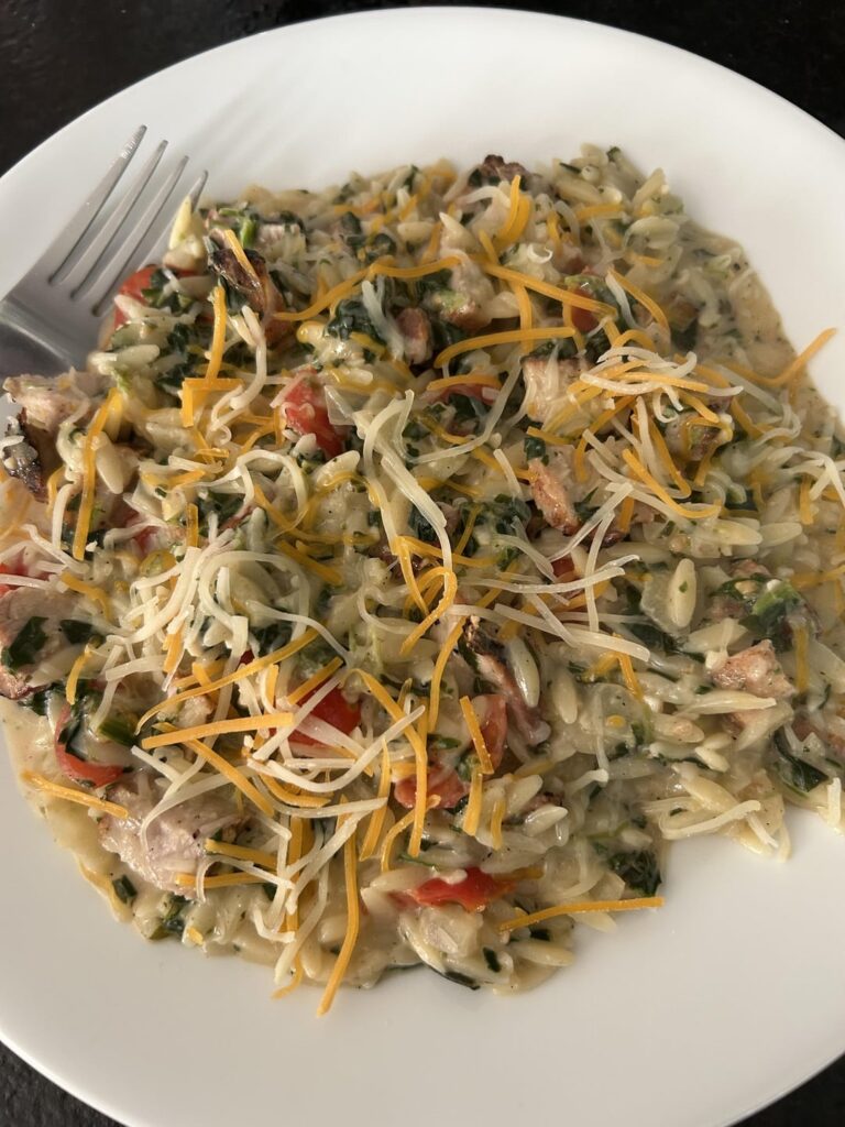 Creamy orzo with leftover pork chops