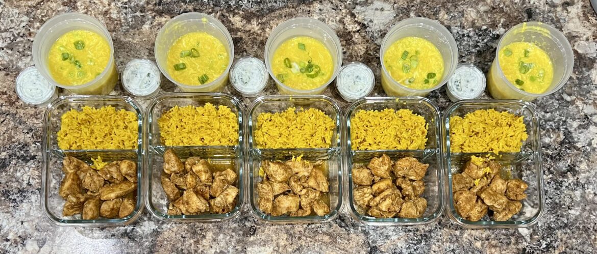 Spicy chicken and turmeric rice w/ tzatziki sauce and egg drop soup!