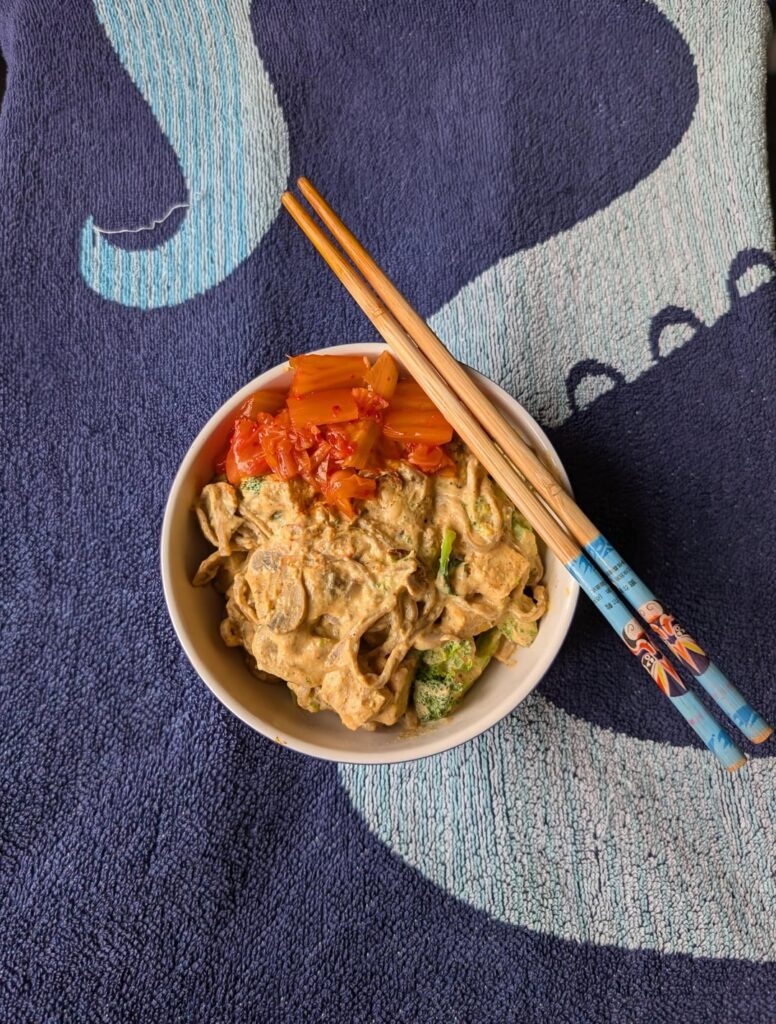Noodles, tempeh & veg in silken tofu curry sauce