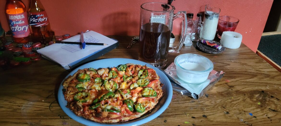 Flatbread pepper bbq chicken pizza w protein ranch and Dr pepper zero.