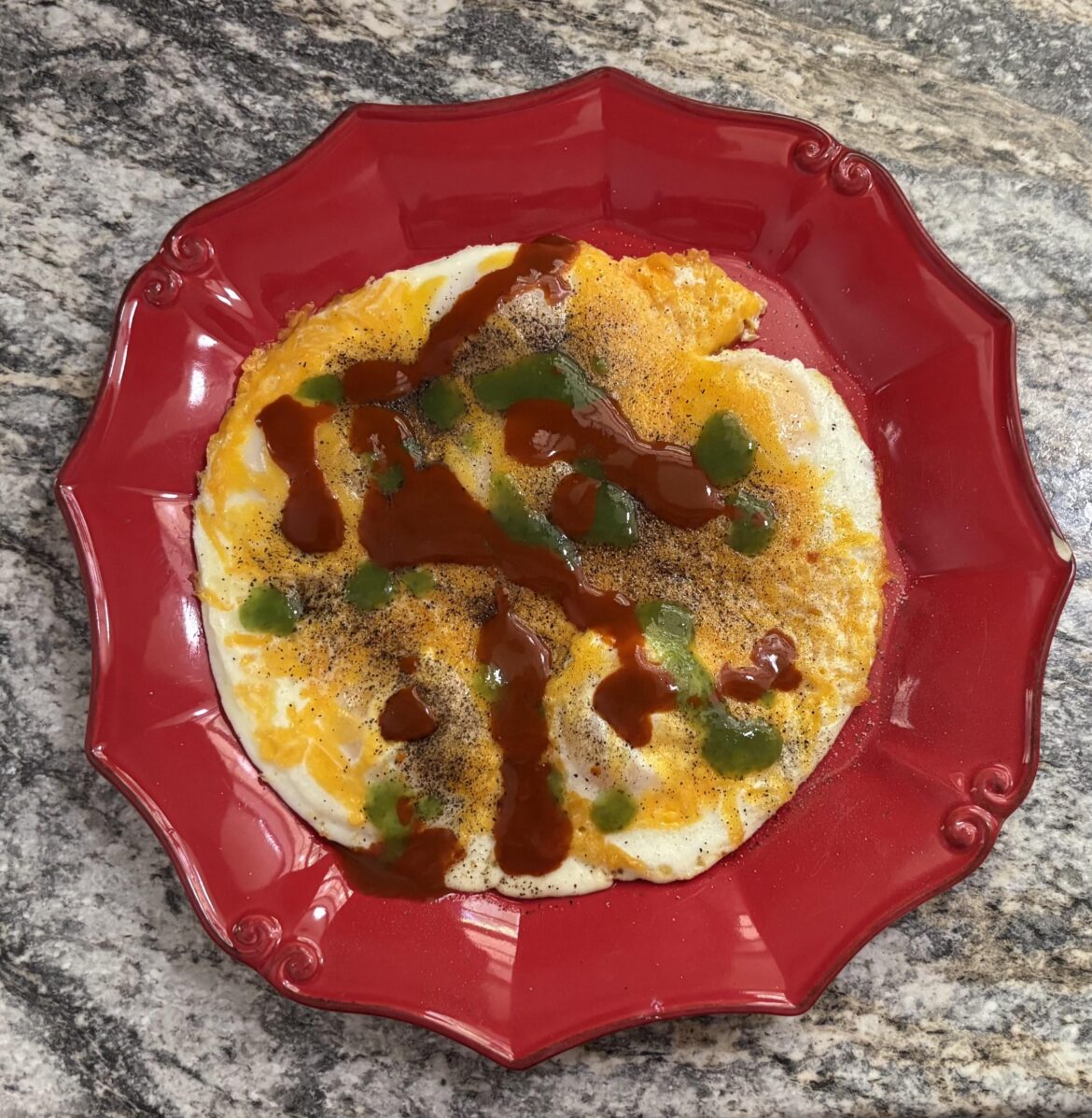 Six cheesy eggs over easy over toast  Christmas style