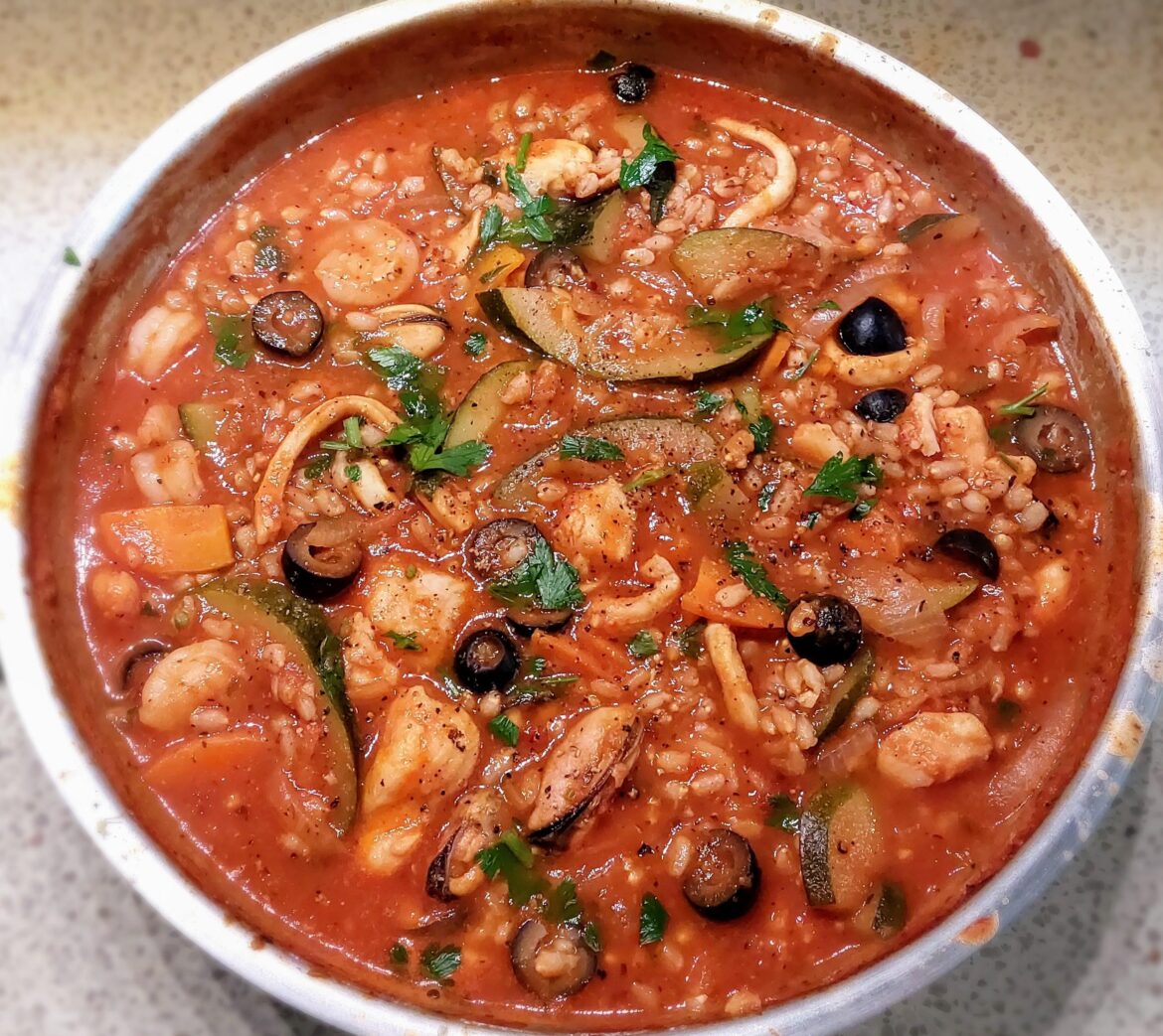 Seafood, barley and black olive stew thing