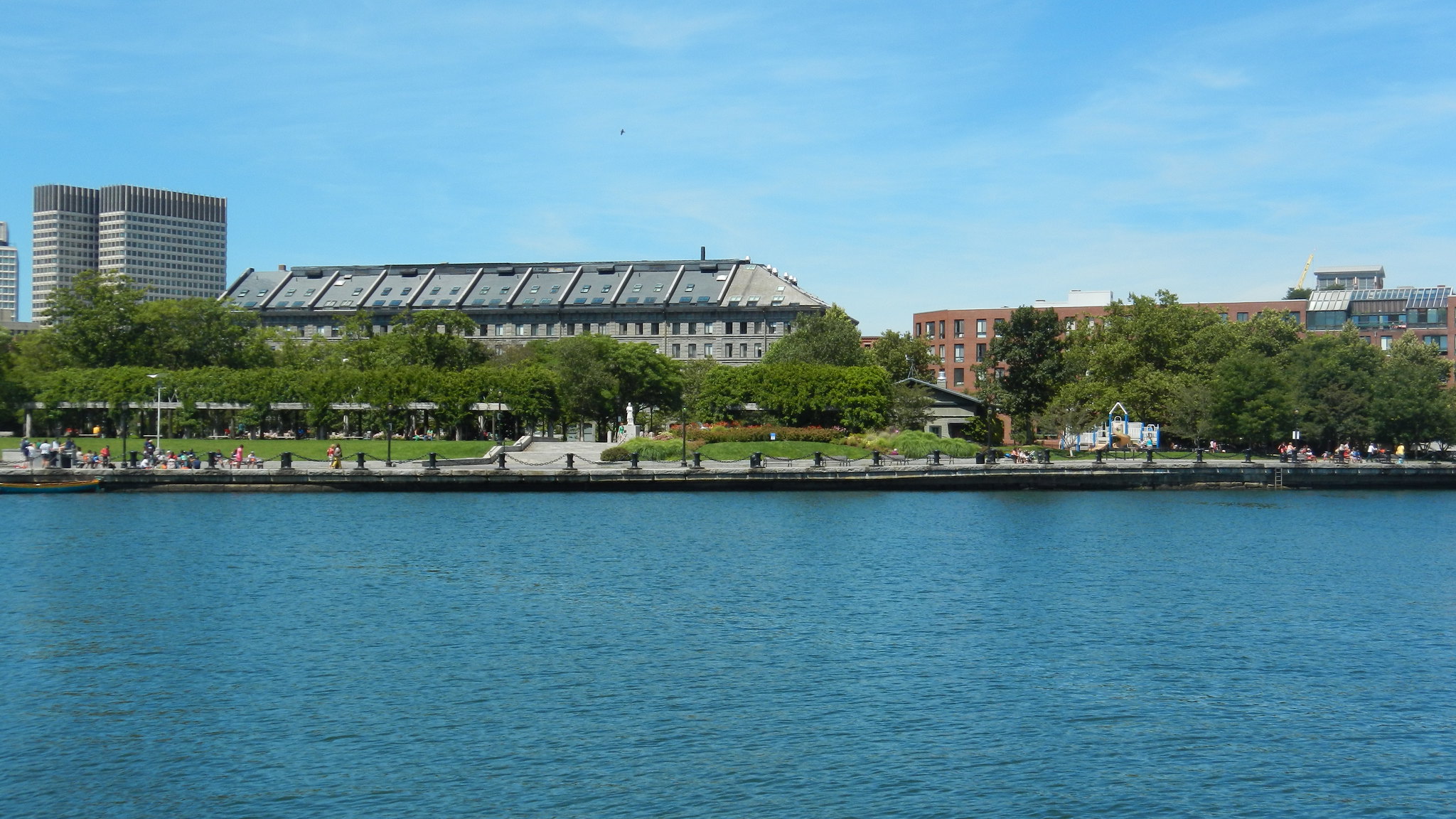 A view of Christopher Columbus Park shows Boston Harbor in front of the park