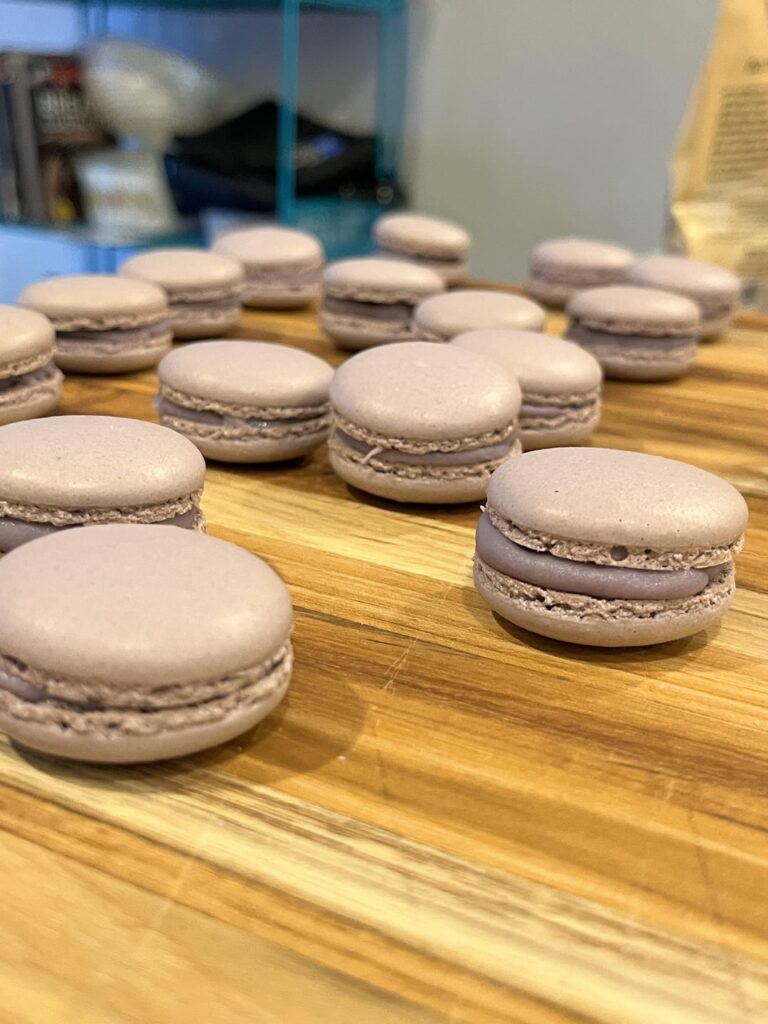 Black currant macarons. Any tips for achieving more vivid colors? Everything looks washed out.