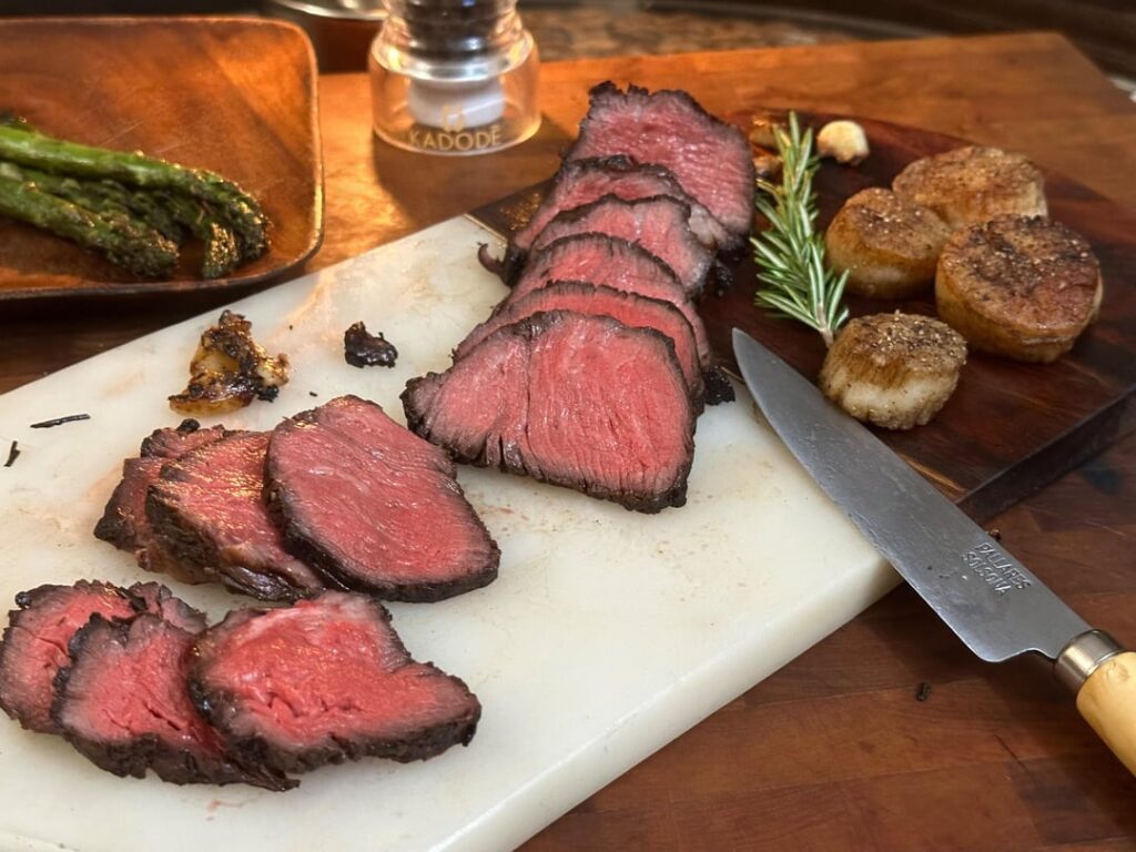 129°F sous vide tenderloin reverse-sear, scallops and roasted asparagus