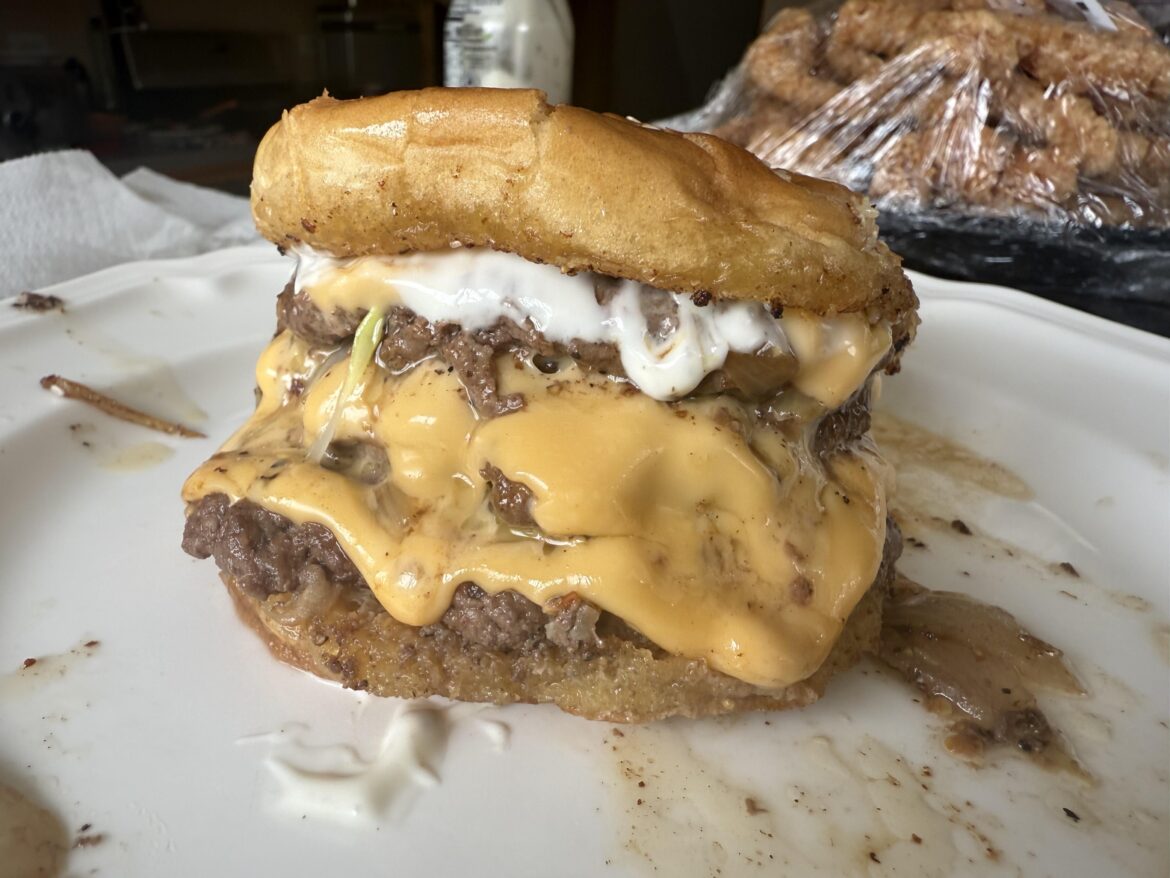 3 patty high smash burger with ranch. (Can’t see but onions were pressed into the burger)