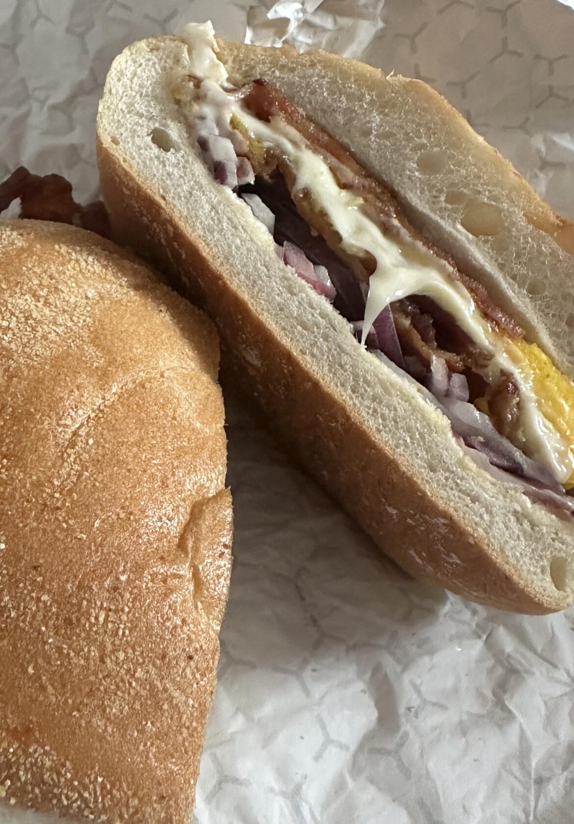 Bacon, Egg, and cheese with raw onion…can’t believe I’ve never done this before! Delicious!!