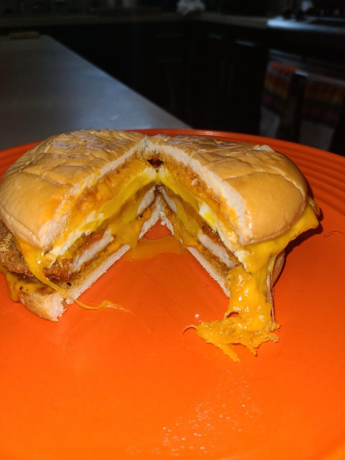 Had a Leftover Spicy McChicken in the Fridge. Made it into a Breakfast Sandwich