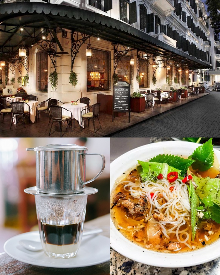 The Sofitel Legend Metropole Hanoi on a tree-studded street in the French Quarter makes a popular spot for photos. Don’t forget to try a traditional Vietnamese coffee that uses Robusta beans and is served with condensed milk. Or drop by Bún Chả Hương Liên for a meal. (© Sofitel Legend Metropole Hanoi, Shutterstock, Michelin)