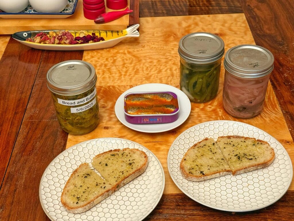 A little late night snack. Everything but the sardines is homemade.