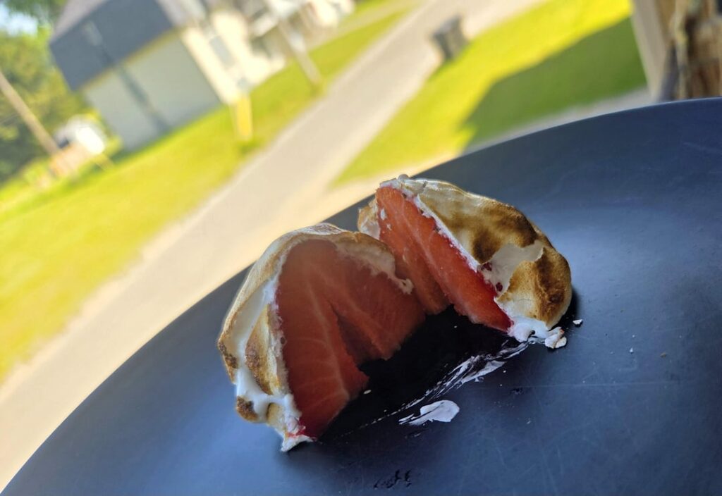 Back again with some marshmallow hack ! Strawberry covered in fluff marshmallow. Roast it over a fire. Voilà.