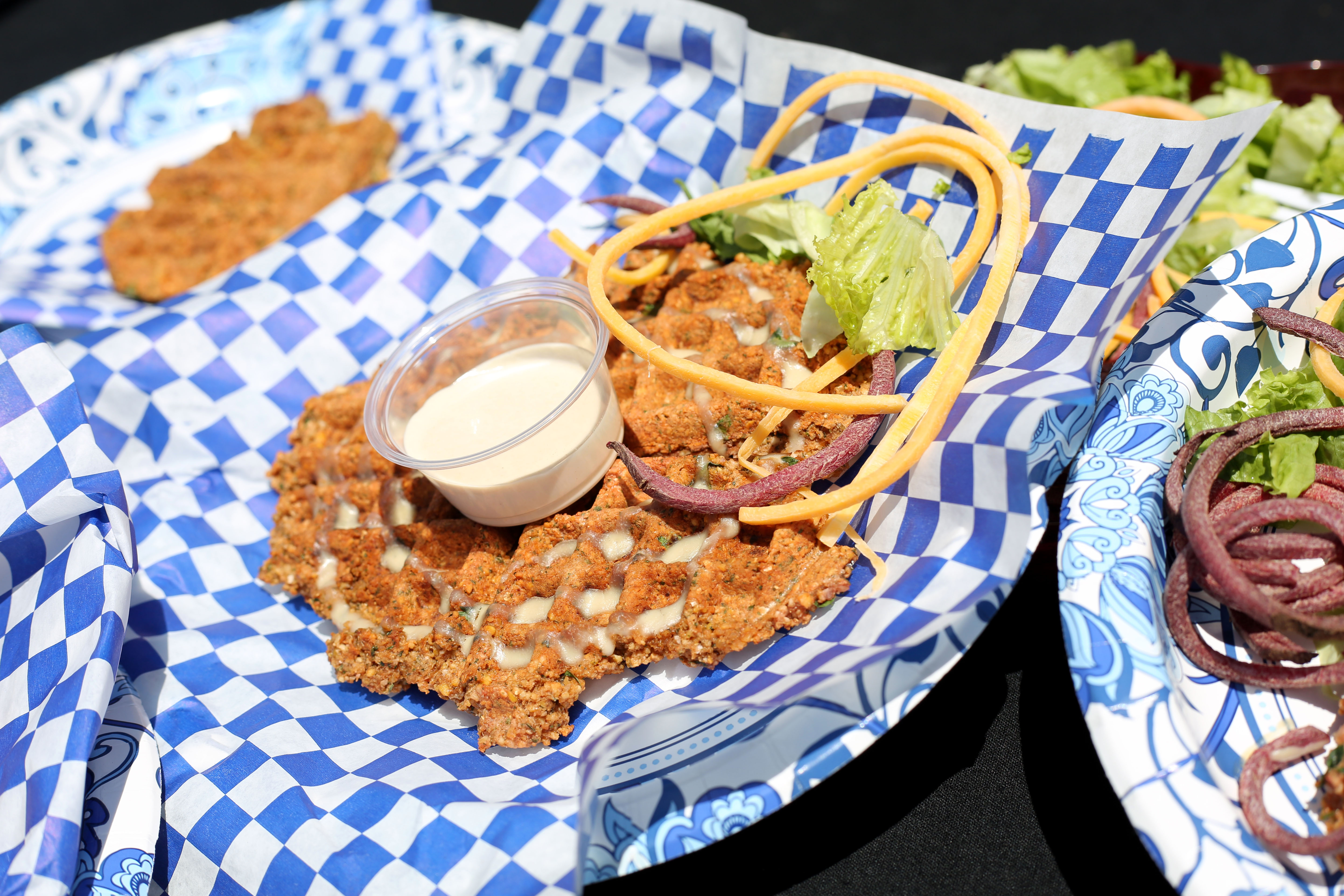 The Mediterranean's Falafel waffle with tahini sauce.