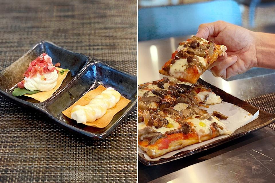 Amuse-bouche' (left). Roman-style pizza is typically served in square or rectangular slices (right). 
