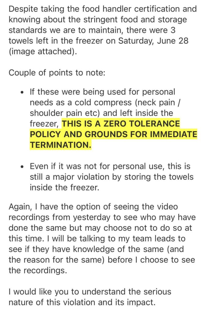 Clean towels in freezer serious health violation?