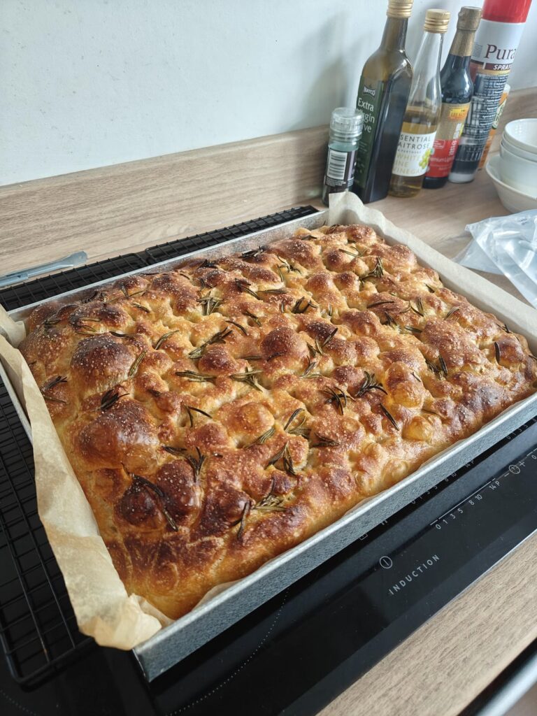 Recently tried using my giant sheet cake tin for focaccia and am so pleased with the results! The first is a classic rosemary and salt, the second is marinated mushrooms