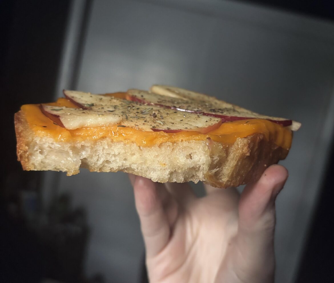 Sharp Cheddar, apple, cracked pepper, thyme, & honey on homemade sourdough 🔥