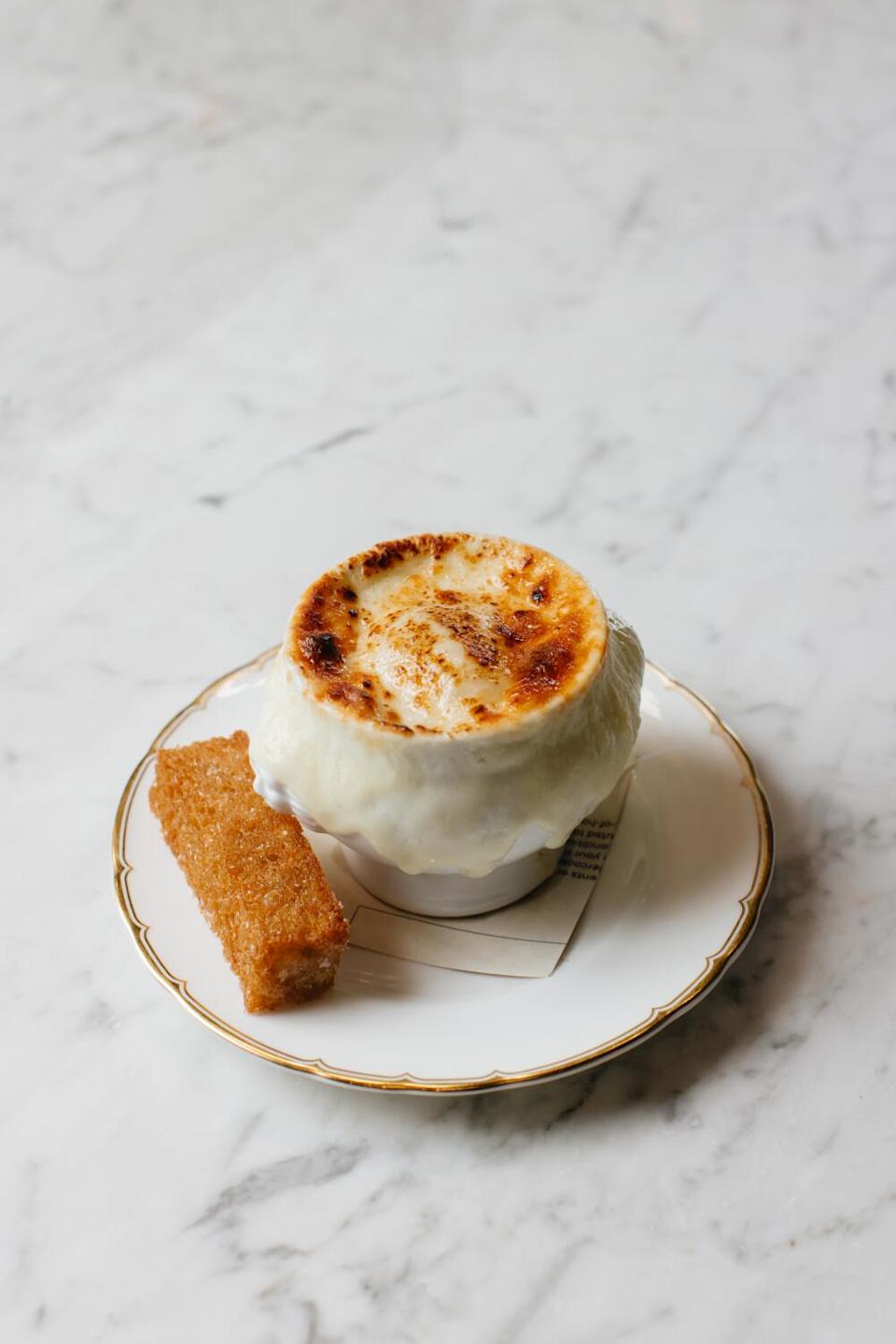 A test version of the French onion souplette on the new menu at Pasjoli.