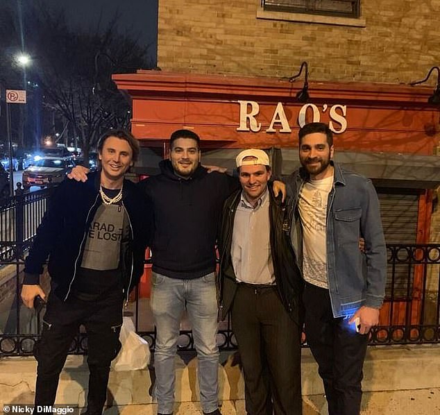 Nick DiMaggio is a professional reservationist who scores the most coveted tables in NYC (Pictured: Nicky DiMaggio (center right) joins famous food critic Jonathan Cheban (far left), better known as Food God with two of their friends at Rao's in April 2019)