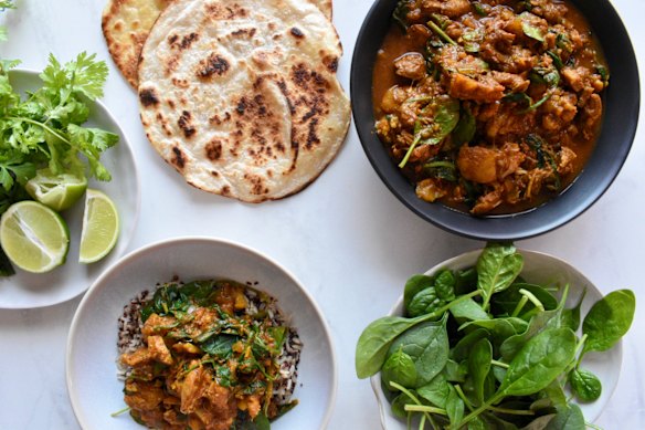 Serve chicken and pumpkin curry with rice, quinoa, roti or naan.