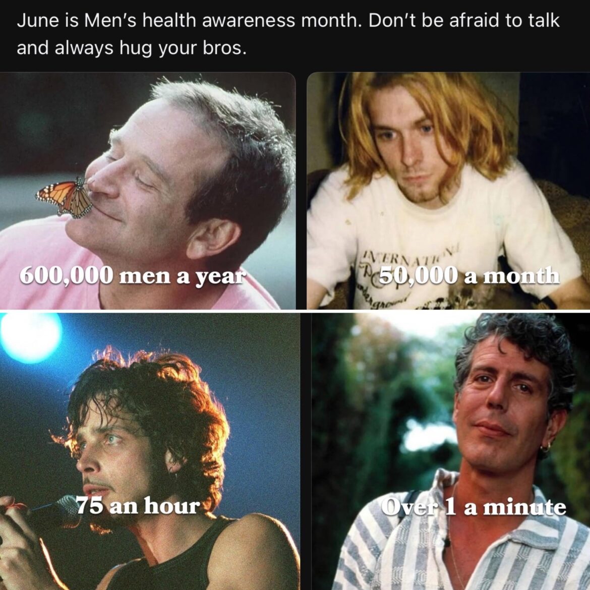 I know there are plenty of ladies on this page, and rightfully so. Mental health issues affect everyone. Reach out. Please.