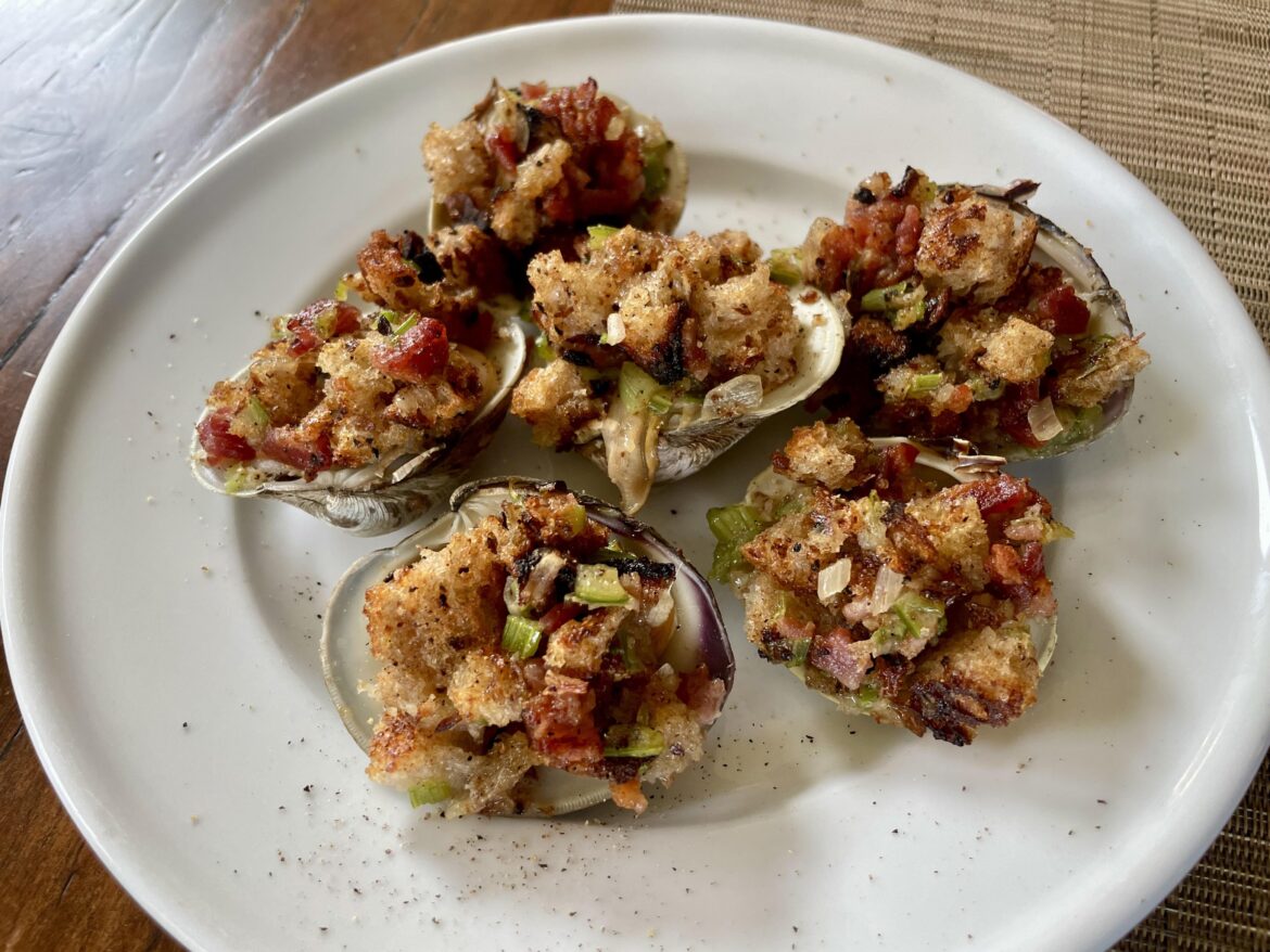 Sourdough and bacon stuffed littleneck clams