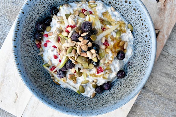 Prep bircher muesli (overnight oats) ahead, but vary the toppings.