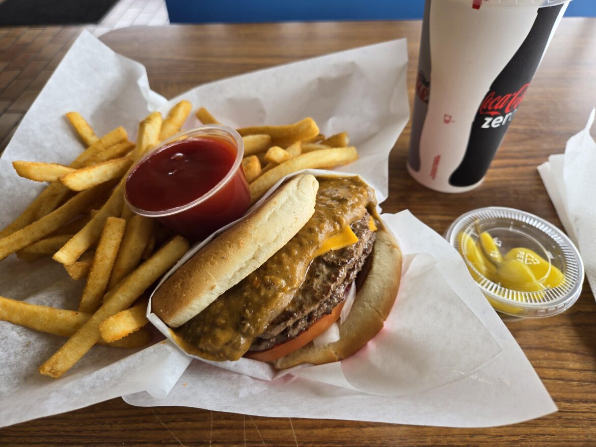 $13 double chili cheese burger combo, fries and drink - Big Tomy's