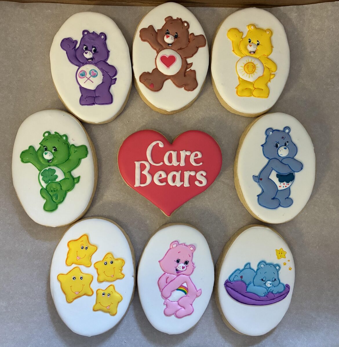 Care Bears glaze decorated cookies